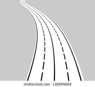 Curved road with white lines. Black and white vector illustration. Perspective of road