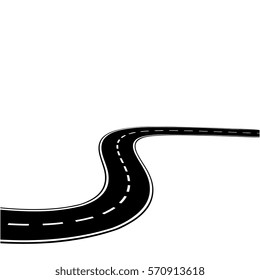 Curved road with white lines. Black and white Vector illustration. Road isolated on white background