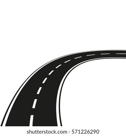 Curved road with white lines. Black and white Vector illustration. Road isolated on white background