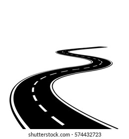 Curved road with white lines. Black and white Vector illustration. Road isolated on white background