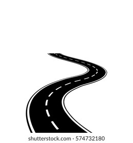 Curved road with white lines. Black and white Vector illustration. Road isolated on white background