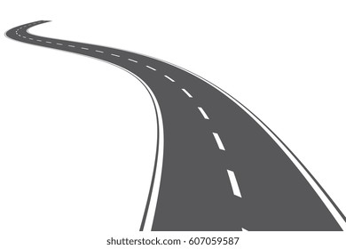 Curved road with white lines. Black and white Vector illustration. Road isolated on white background