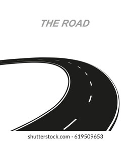 Curved road with white lines. Black and white Vector illustration. Road isolated on white background