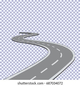 Curved road with white lines. Black and white Vector illustration. Road isolated on transparent background.