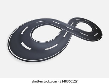Curved road with white markings. Asphalt road in the form of infinity. High quality vector illustration. Background of the highway or roadway. Winding highway. Shrinking perspective.
