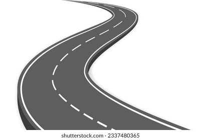 Curved road with white markings. Asphalt highway. Winding highway isolated on transparent background. 