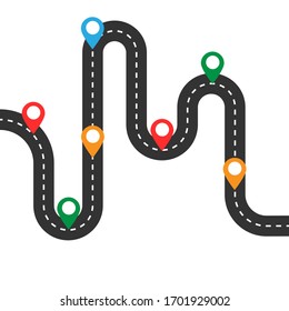 Curved road with white markings and color pin pointers. Road way location infographic template. Highway top view. Vector illustration isolated on white background.