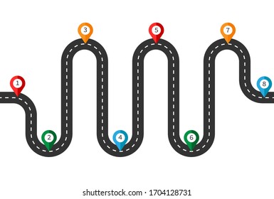Curved road with white markings and color pin pointers. Road way location infographic template. Highway top view. Vector illustration isolated on white background.