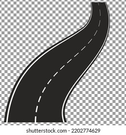 Curved road with white markings vector illustration. Speedway, highway, path. Winding road isolated on transparent background.
