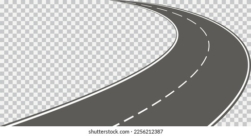 Curved road with white markings. Winding highway isolated on transparent background. Asphalt highway.