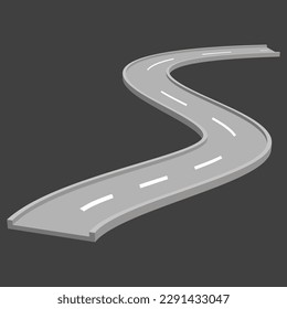 Curved road with white markings or winding highway. Vector illustration on dark background.