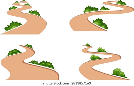 Curved Road and Winding Path Vector Set Isolated on White Background
