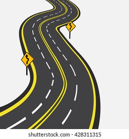Curved road with yellow markings. Vector illustration