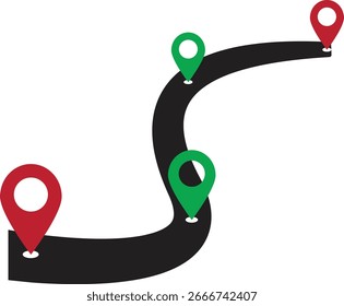 Hoja de ruta curva con marcadores de ubicación, diseño de infografía de ruta de navegación abstracta que muestra el viaje, la dirección de la ruta, la estrategia comercial y la ilustración de seguimiento de progreso.