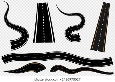 Curved roads icon set. Winding branch of highway, change of direction, geometric roadway design for safe driving. Vector flat style cartoon illustration isolated on white background