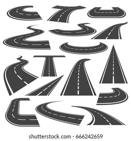 Curved Roads Icon Set. Winding Branch Of Highway, Change Of Direction, Geometric Roadway Design For Safe Driving. Vector Flat Style Cartoon Illustration Isolated On White Background