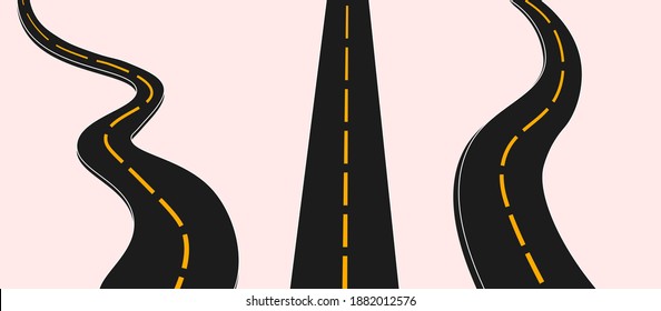 Curved roads vector set. Asphalt road or way and curve road highway. Winding curved road or highway with markings.