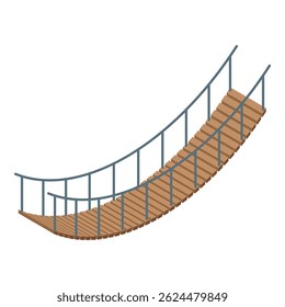 Curved rope bridge made of wooden planks and metal railing, connecting two sides, isolated on white background