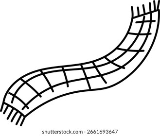 A curved scarf with a checkered pattern in a simple line drawing style. The scarf's grid design is depicted with bold lines and a flowing shape. Cartoon vector illustration.