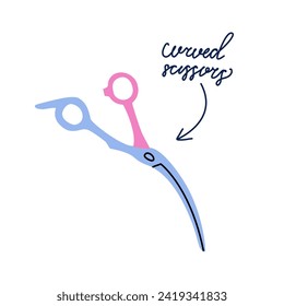 Curved scissors vector isolated sticker. Tool for professional hairdressers and pet groomers in flat trendy style. Fine point shears clipart with handwritten typography