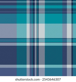 Curved seamless plaid texture, checks pattern fabric vector. Hobby tartan textile background check in cyan and dark colors palette.