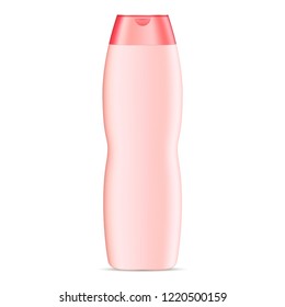 Curved shape cosmetic bottle mockup for shampoo, conditioner or shower gel. Color plastic realistic vector 3d illustration of cosmetics package with rose lid. Clear blank template for your design.