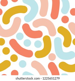 Curved shapes abstract seamless pattern. Lines and dots in pink, gold, peach and blue on white. Handdrawn vector texture background. Artistic, modern, abstract mosaic. For fabric, wallpaper, banner