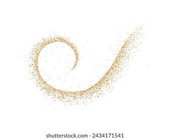 Curved shimmering golden glitter trail realistic vector illustration. Festive design. Fairy dust swirling trace 3d element on white background