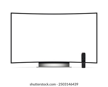 Curved smart tv mockup. Blank television screen with remote control.