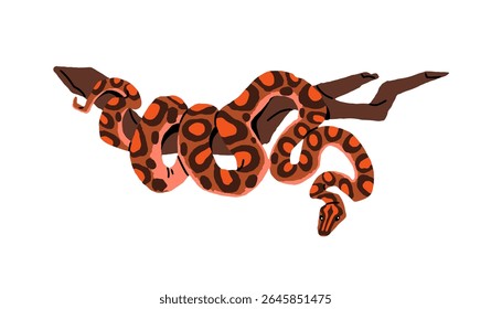 Curved snake relaxes on tree in jungle. Boa, python is hanging on branch in rainforest. Exotic serpent, tropical reptile, venomous animal. Flat hand drawn isolated vector illustration on white