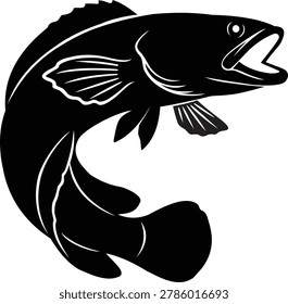 Curved snakehead fish logo vector design featuring dynamic freshwater predator pose with open mouth and bold black illustration style. Inspired by Channa striata anatomy, perfect for fishing logos, outdoor branding, sports mascots, seafood businesses, and commercial aquatic projects.