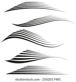 Curved speed lines. Dynamic vector stripes. Black and white design. Abstract motion elements.