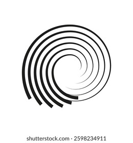 Curved spiral icon. Optical vortex illusion. Black abstract shape. Vector design.