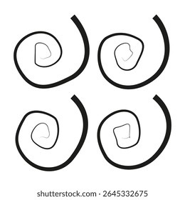 Curved spiral lines. Dynamic swirl shapes. Minimalist twist element. Vector artistic strokes.