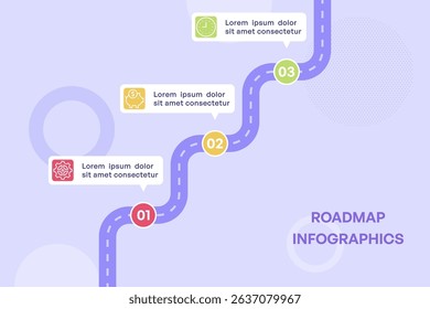 Curved Spiral Roadmap Infographic with Ascending 3-Step Path Vector Illustration