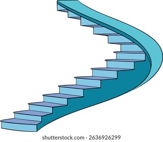Curved spiral staircase illustration in blue tones, symbolizing progress, upward growth, architectural design, creative space planning, and modern interior structural elegance.
