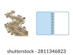 A curved stone walkway and open blue notebook vector set illustration for education and outdoor travel planning.