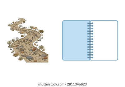 A curved stone walkway and open blue notebook vector set illustration for education and outdoor travel planning.