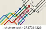 Curved and straight arrows in multiple colors on a beige grid background, representing pathfinding, complex decisions, and abstract business strategies.