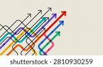 Curved and straight arrows in multiple colors on a beige grid background, representing pathfinding, complex decisions, and abstract business strategies.