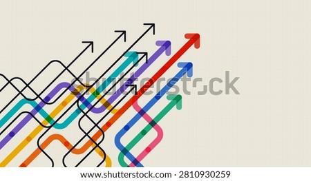 Curved and straight arrows in multiple colors on a beige grid background, representing pathfinding, complex decisions, and abstract business strategies.