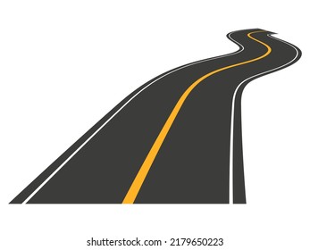Curved straight asphalt road. Perspective highway traffic with vertical yellow lines. Roadway trip symbol. Vector isolated on white.