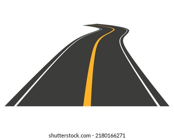 Curved straight asphalt road. Perspective highway traffic with vertical yellow lines. Roadway trip symbol. Vector isolated on white.