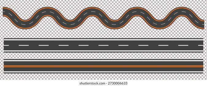 Elementos rodoviários curvos e retos isolados em fundo transparente, conjunto de estradas rodoviárias de ilustração vetorial plana mínima para design de mapas, gráficos de navegação, ativos de jogos, ilustração de transporte urbano, coleção de segmentos rodoviários editáveis com caminhos asfálticos retos e sinuosos, elementos de transporte vetorial plano isolados, ideal para mapas da cidade, infográficos, ativos de design de jogos, perfeito para mapas de tráfego