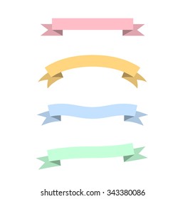 Curved and straight pink vector ribbons, banners, streamers in pastel colors.