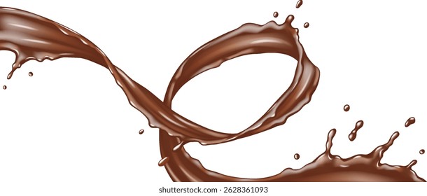 Curved stream of chocolate in dynamic motion. Brown liquid creating elegant splash against clean white backdrop. Ideal for culinary and dessert visuals.