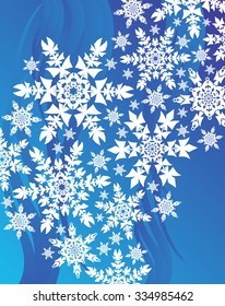 Curved stream of snowflakes on a blue background with flourishes