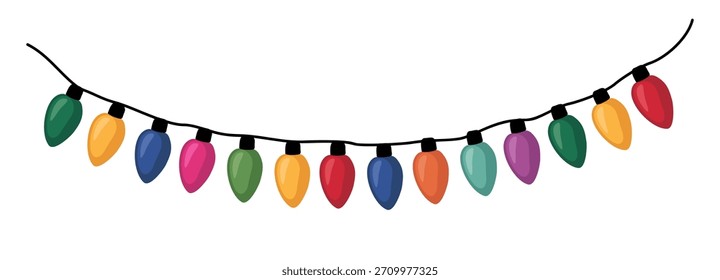 Cadena curva de luces de Navidades con brillantes bombillas de lágrima en verde, naranja, azul, rosa, amarillo, rojo y púrpura. Líneas limpias, alambre negro, diseño festivo simple. Ilustración vectorial plana sobre blanco.