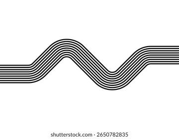 Faixa curva. Padrão de vetor de linhas paralelas pretas em um plano de fundo branco em estilo retrô. Elemento de design para publicidade, embalagem, roupas esportivas. Vetor desportivo de fundo. Concorrência.