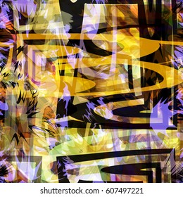 Curved stripes, sharp elements, spots. Yellow, blue, black colors. Abstract seamless vector texture for fabric, wrapping